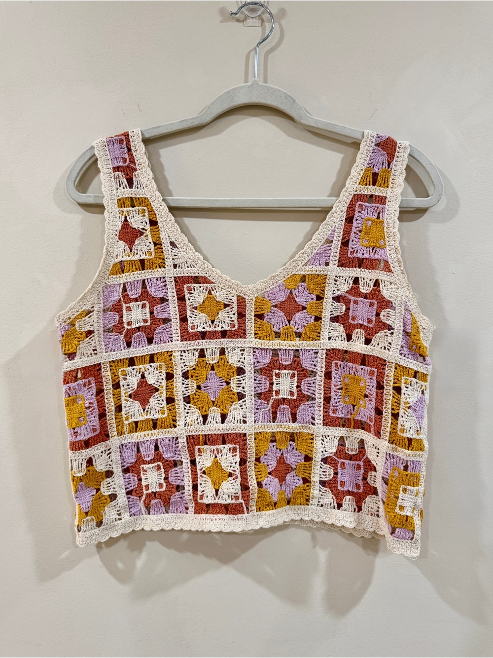 Rebellion Crochet Patchwork Granny Square Crop Tank Top XS Cottagecore Boho